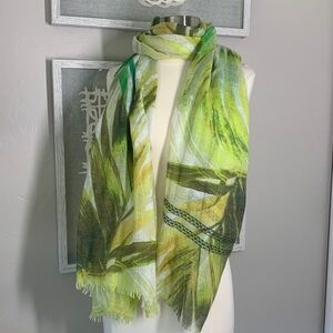 Echo linen scarf tropical leaf print green and brown